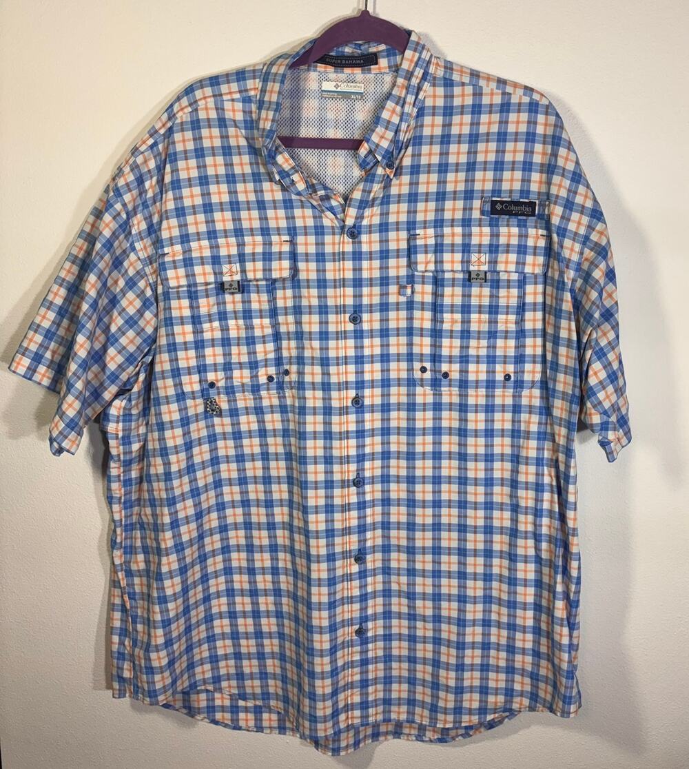 Columbia PFG Super Bahama Plaid Fishing Shirt Blue Orange XL Vented